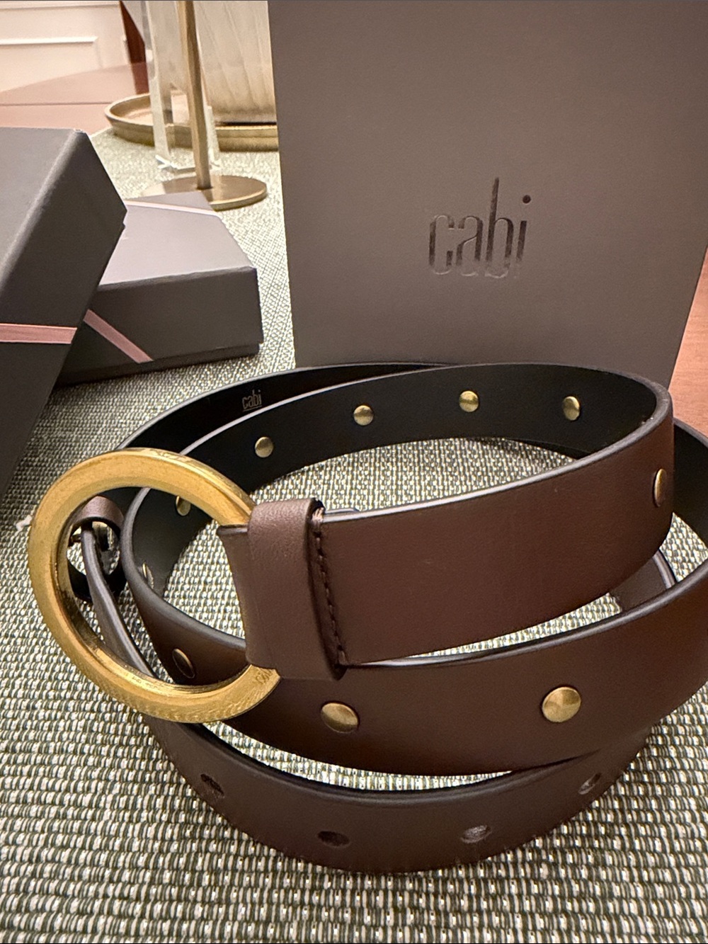 CAbi brown leather belt with gold ring buckle and studs